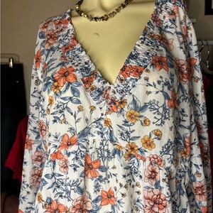 Lucky Brand Floral V-Neck Blouse in Orange and Blue